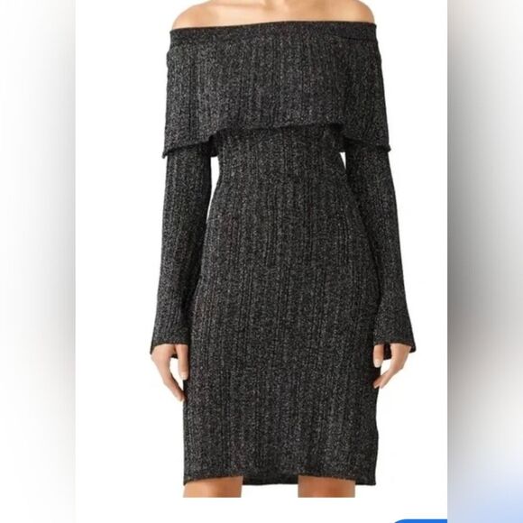 Keepsake The Label Metallic Knit bell sleeve off the shoulder Sheath Dress sz S - Picture 4 of 13